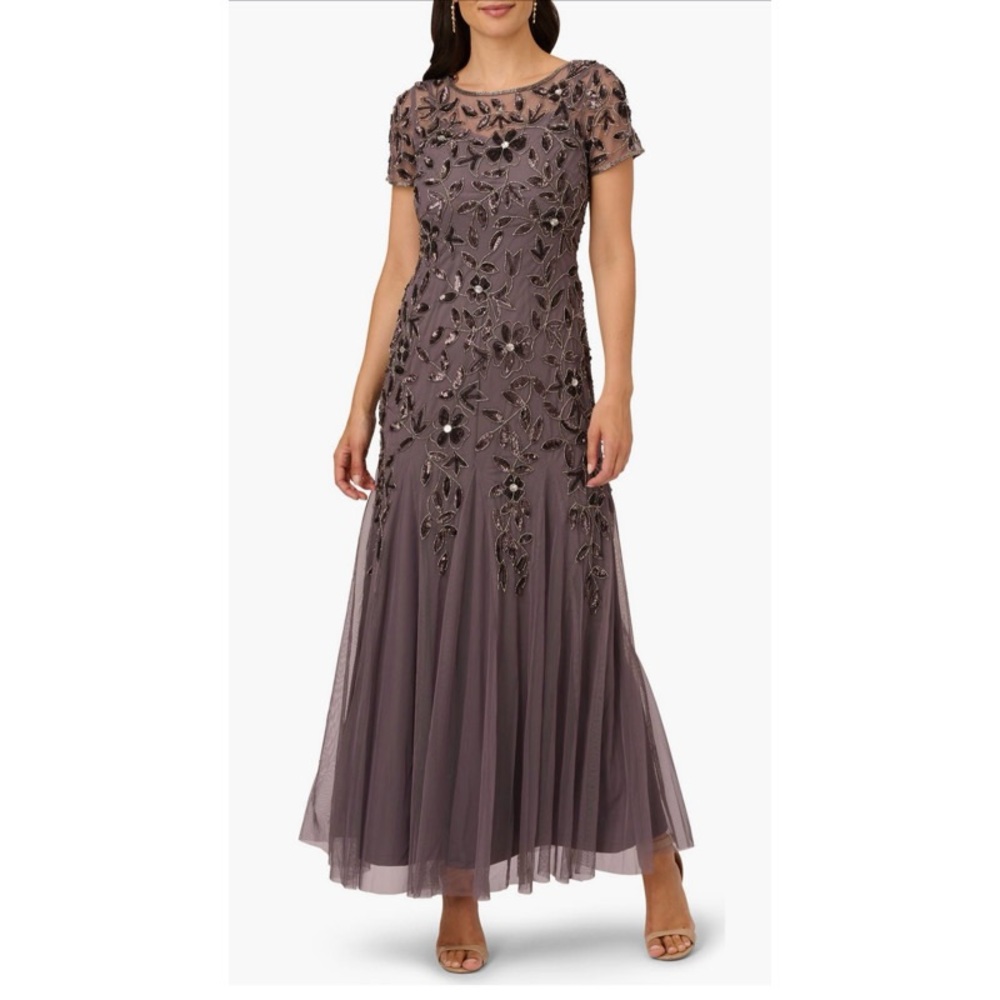 Adrianna Papell Floral Embroidered Beaded Trumpet Gown- Size 6, Color-Moonscape